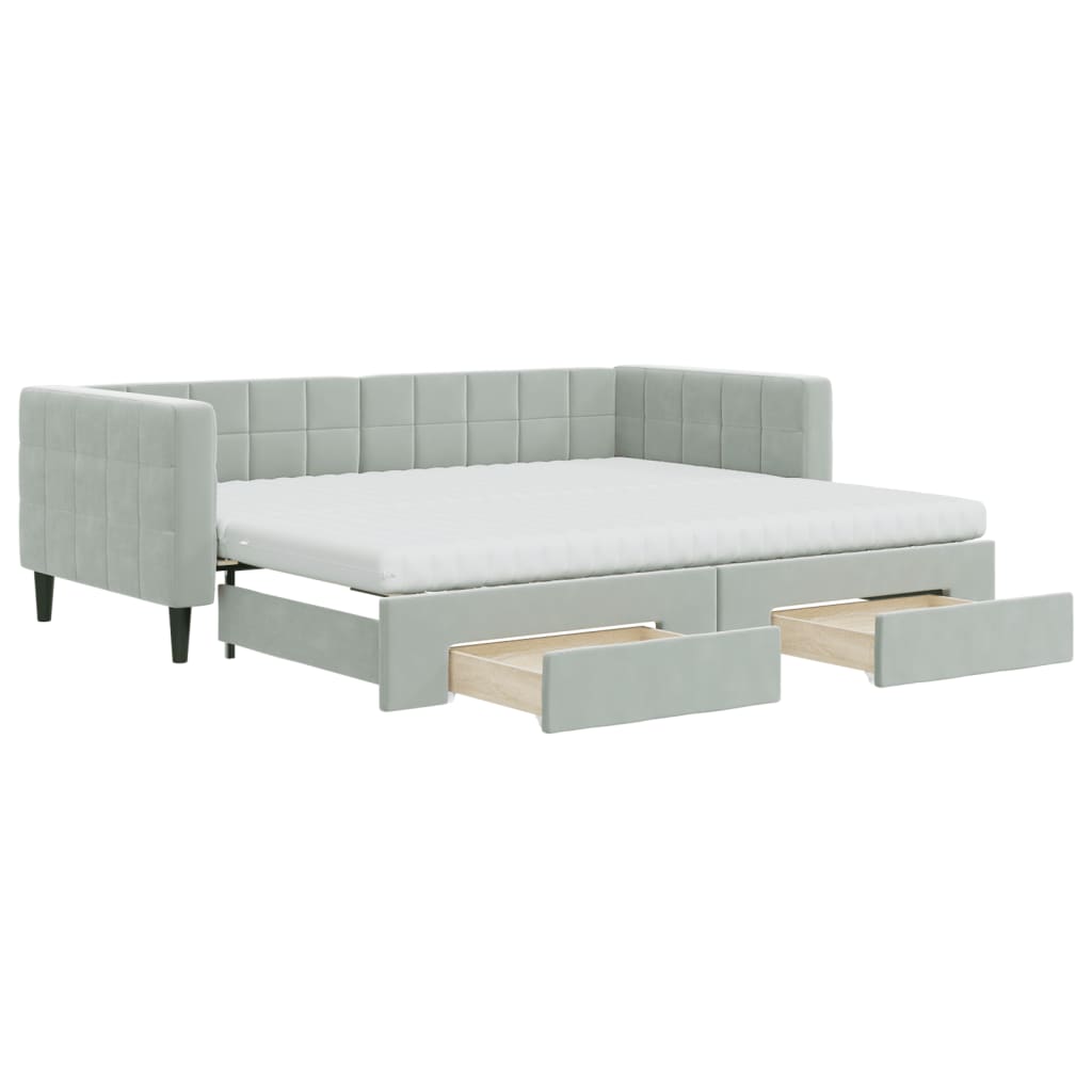 daybed med udtræk og skuffer 90x200 cm velour lysegrå
