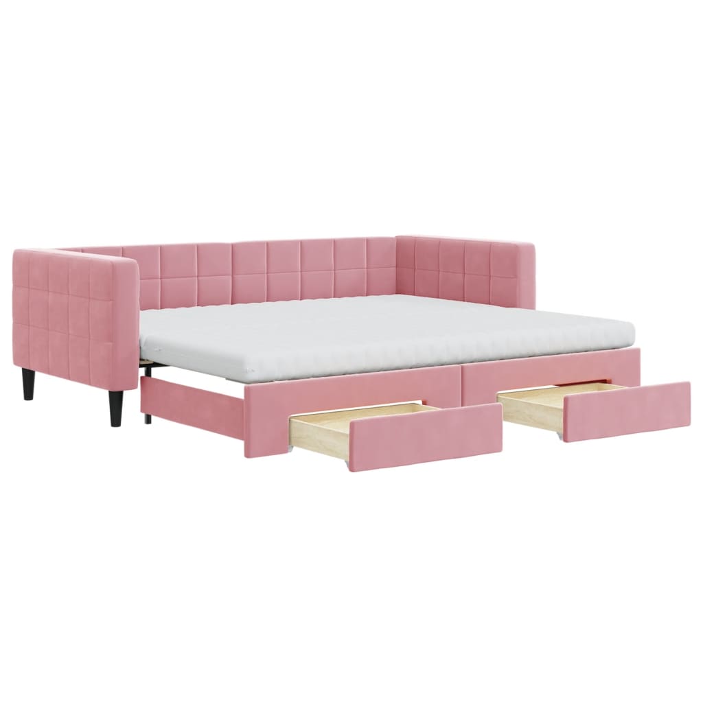 daybed med udtræk og skuffer 90x200 cm velour lyserød