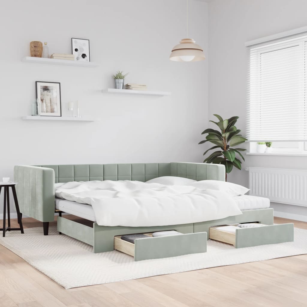 daybed med udtræk og skuffer 100x200 cm velour lysegrå