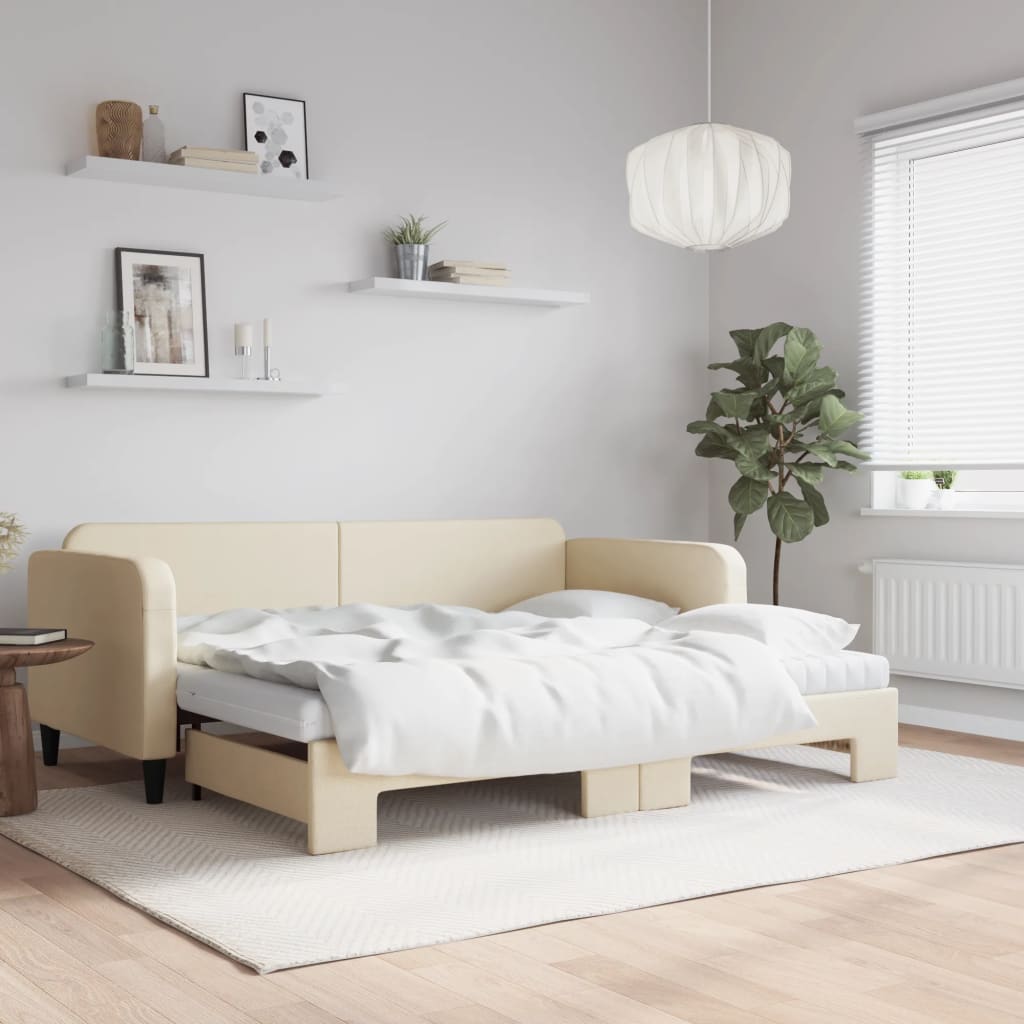 daybed med udtræk og madras 90x200 cm stof cremefarvet