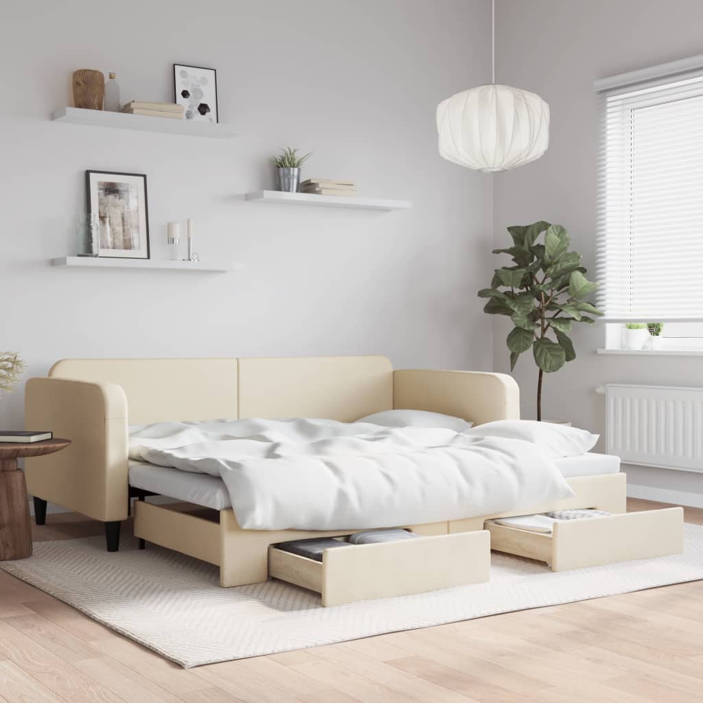 daybed med udtræk og skuffer 90x200 cm stof cremefarvet