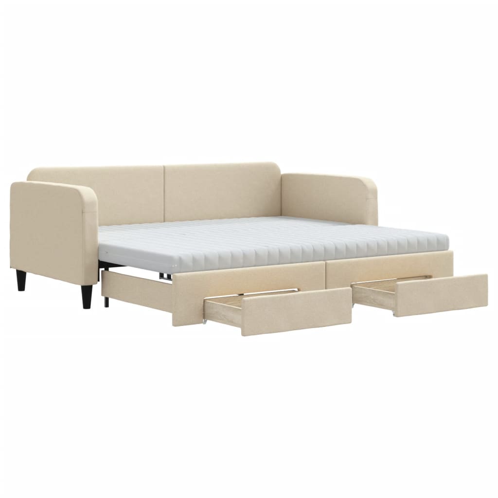 daybed med udtræk og skuffer 90x200 cm stof cremefarvet
