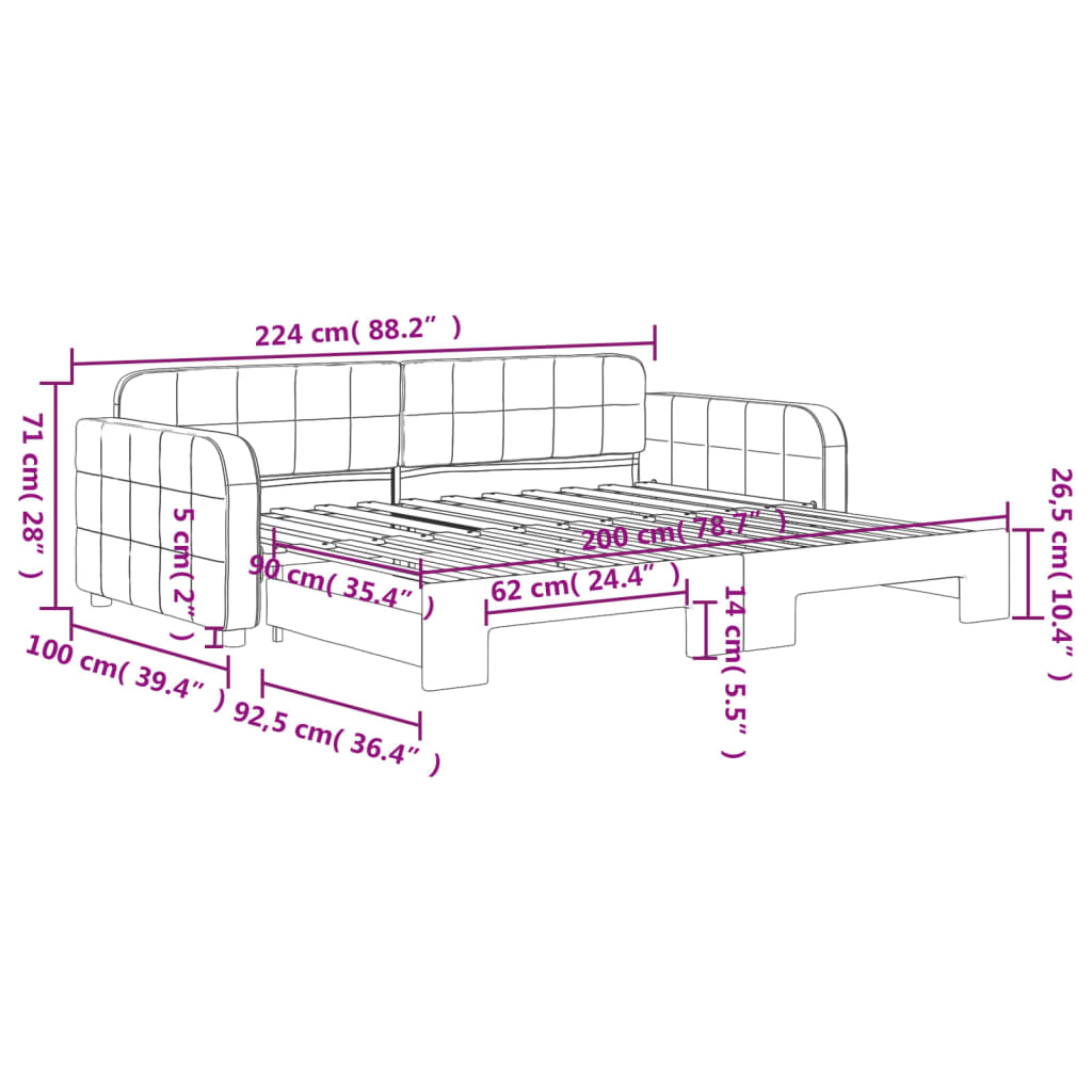 daybed med udtræk 90x200 cm velour lyserød