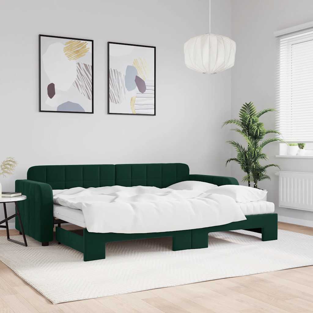 daybed med udtræk og madras 80x200 cm velour mørkegrøn