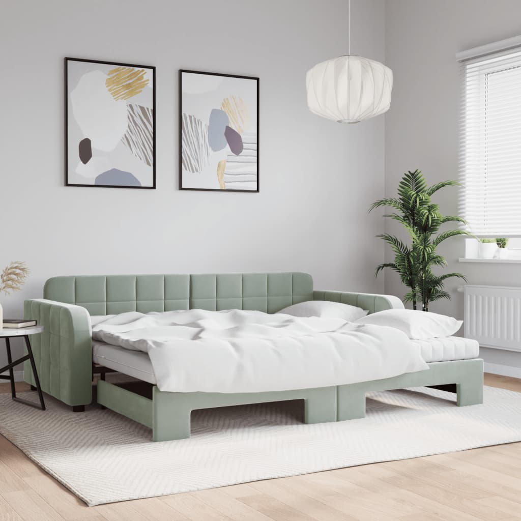 daybed med udtræk og madras 90x200 cm velour lysegrå