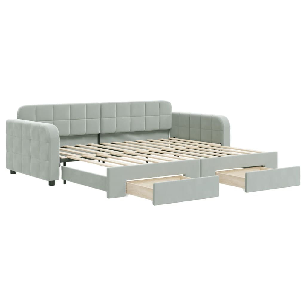 daybed med udtræk og skuffer 90x200 cm velour lysegrå