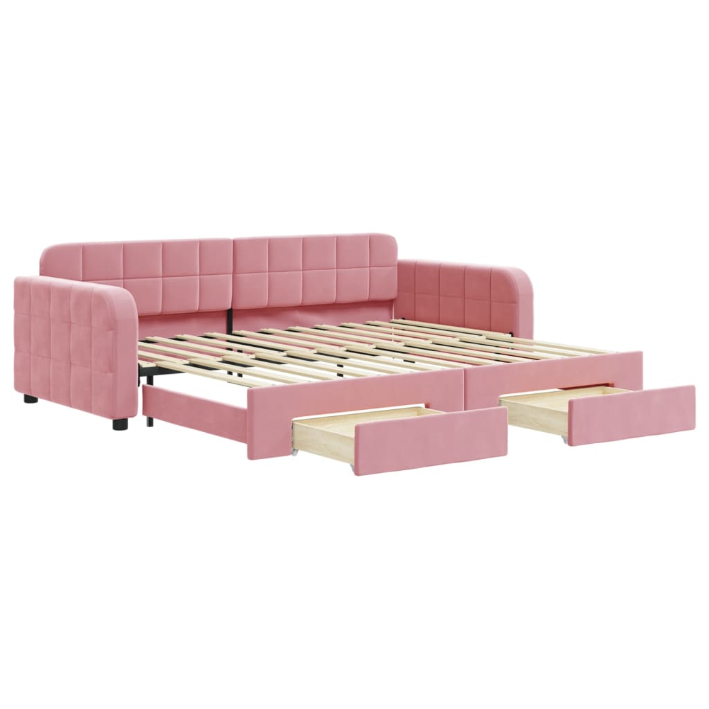 daybed med udtræk og skuffer 90x200 cm velour lyserød
