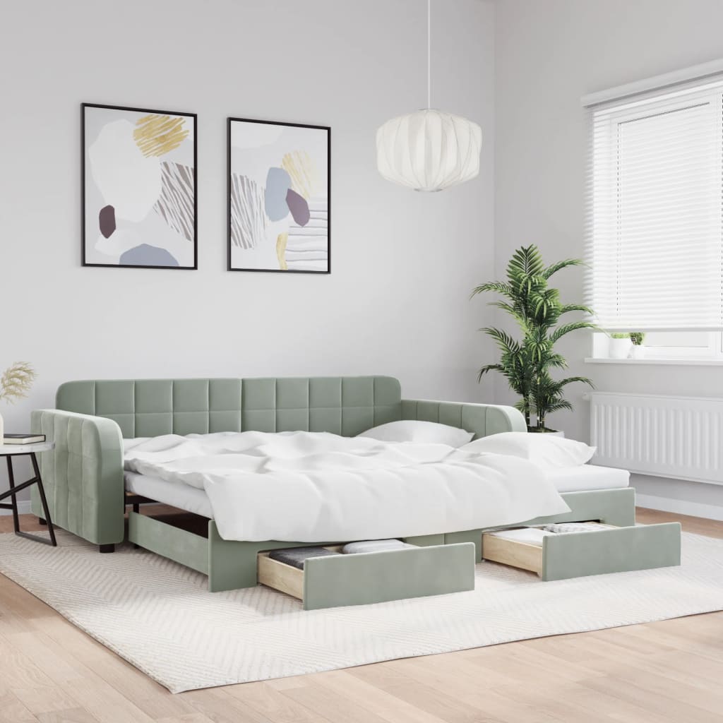 daybed med udtræk og skuffer 100x200 cm velour lysegrå