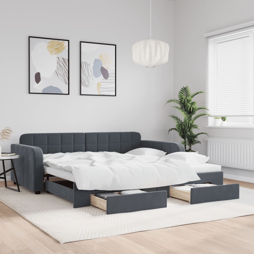 daybed med udtræk og skuffer 100x200 cm velour mørkegrå