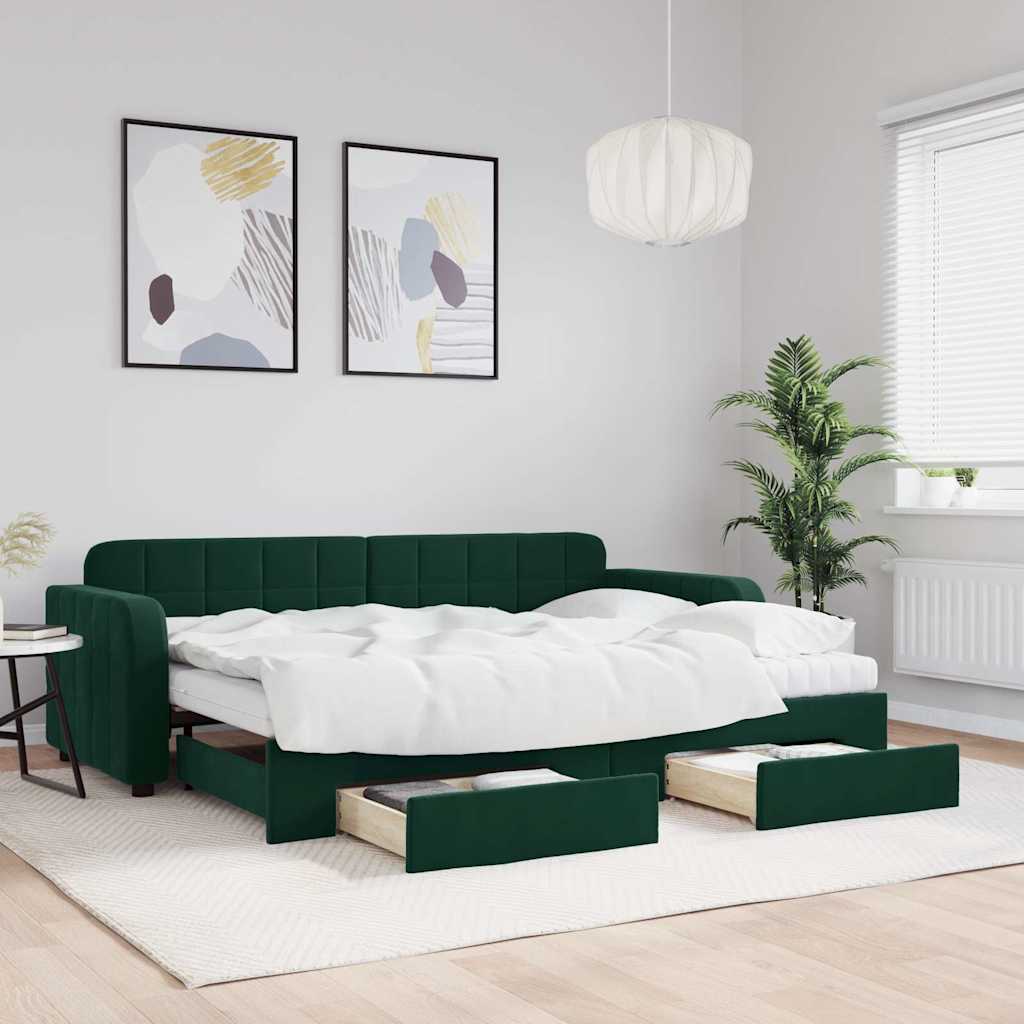 daybed med udtræk og skuffer 80x200 cm velour mørkegrøn