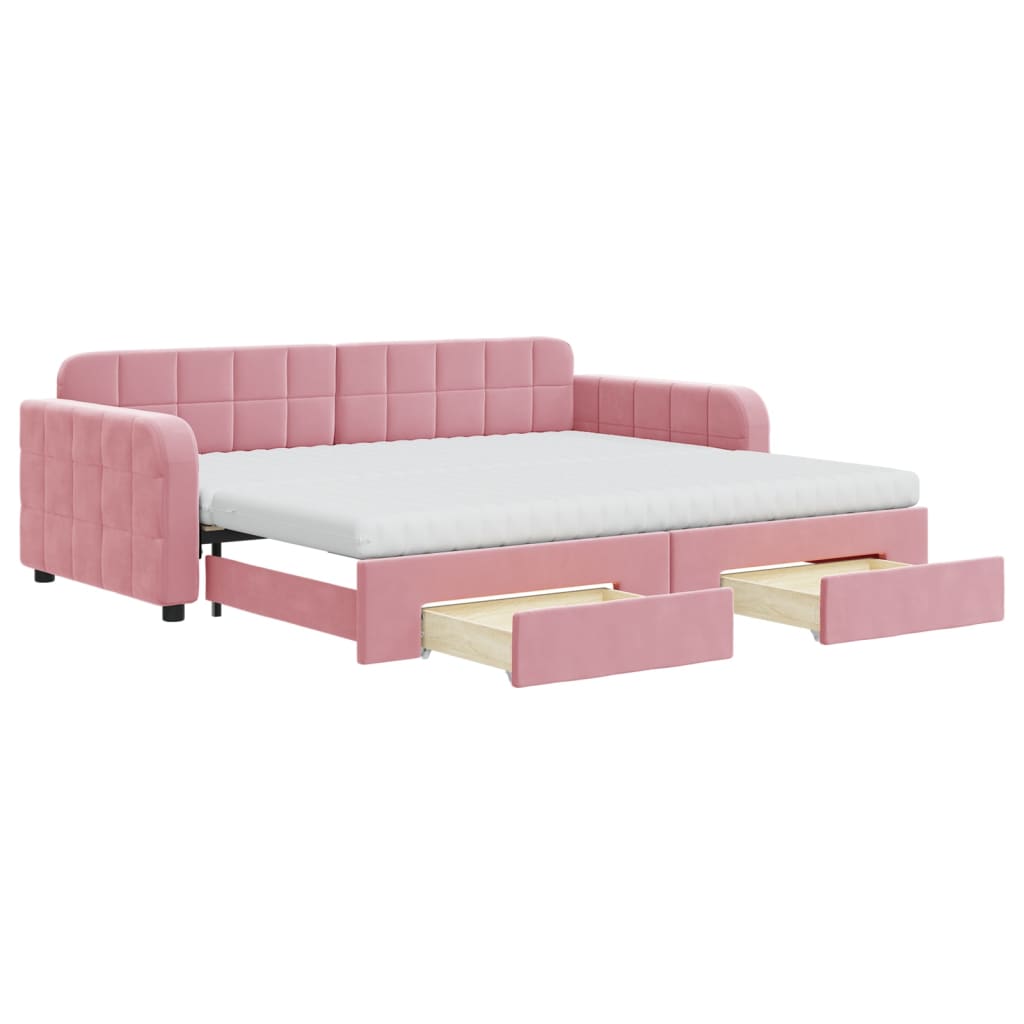 daybed med udtræk og skuffer 90x200 cm velour lyserød