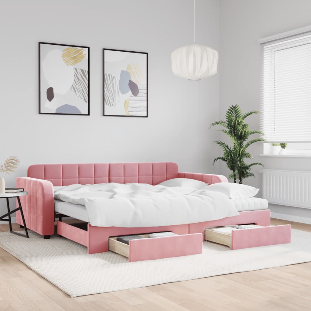 daybed med udtræk og skuffer 90x200 cm velour lyserød