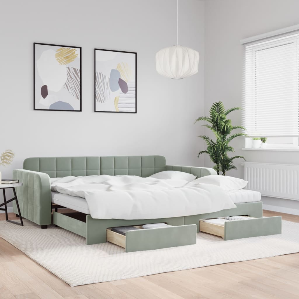 daybed med udtræk og skuffer 100x200 cm velour lysegrå