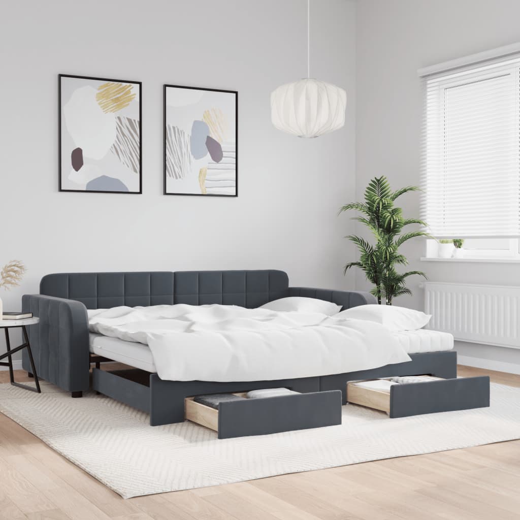 daybed med udtræk og skuffer 100x200 cm velour mørkegrå