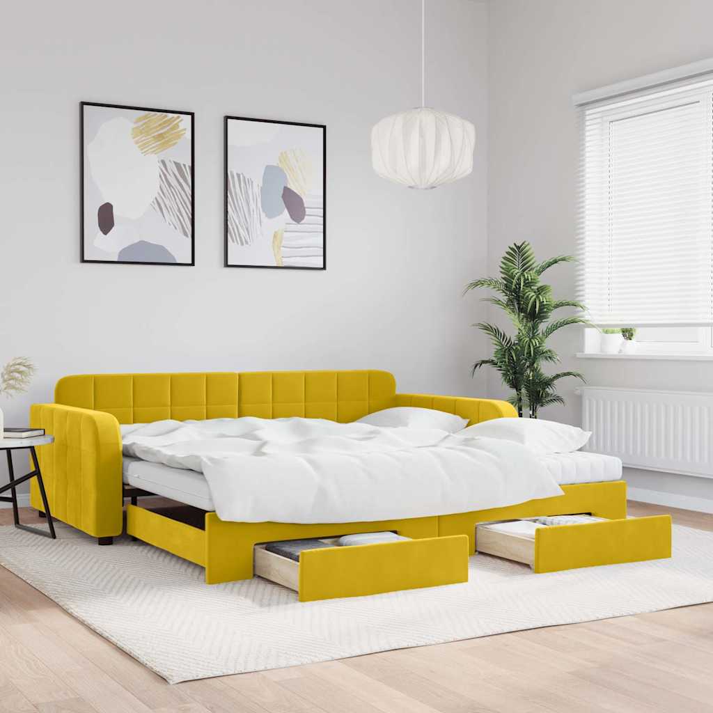daybed med udtræk og skuffer 100x200 cm velour gul