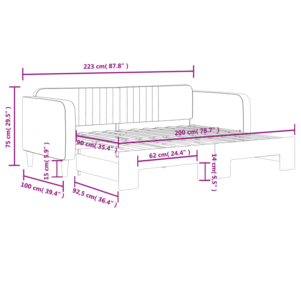 daybed med udtræk 90x200 cm velour lysegrå