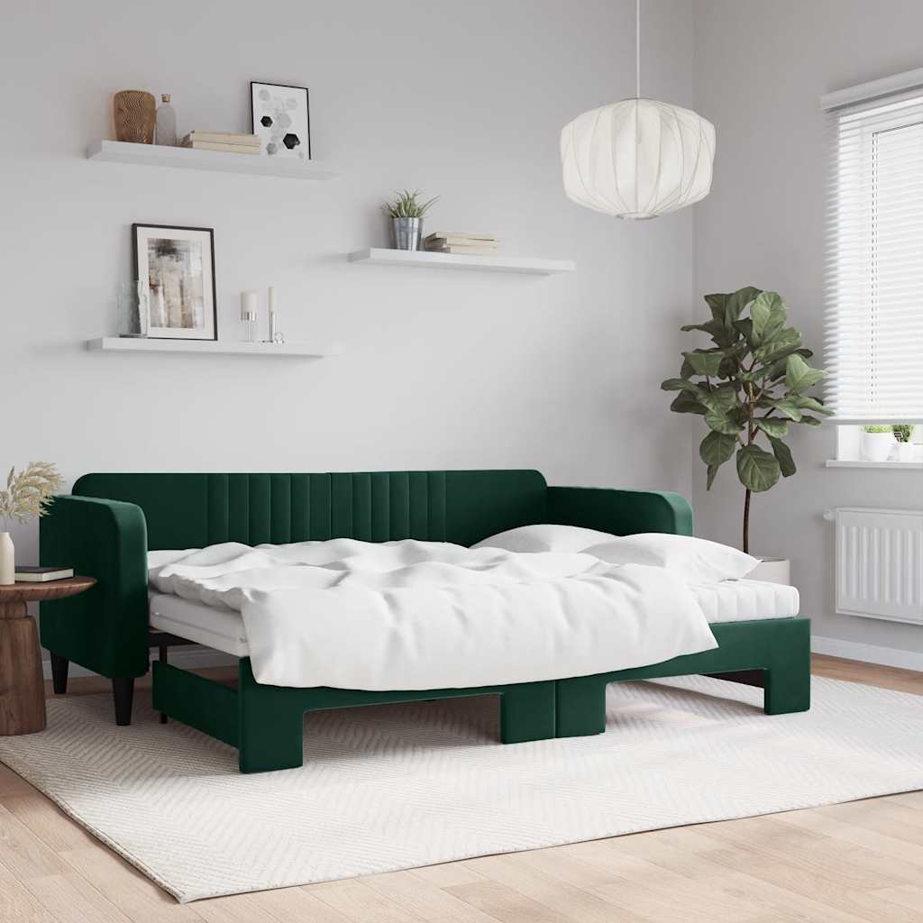 daybed med udtræk og madras 80x200 cm velour mørkegrøn