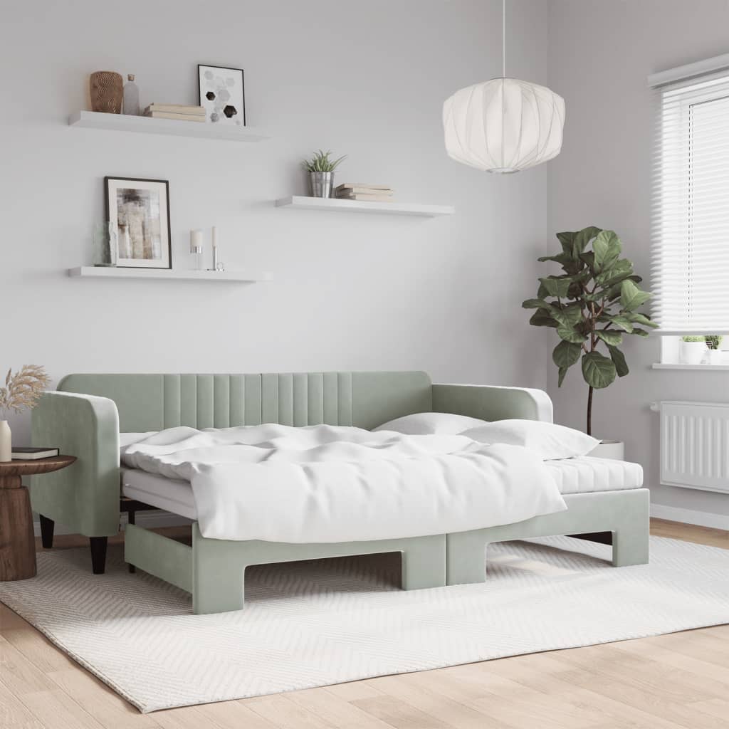 daybed med udtræk og madras 90x200 cm velour lysegrå