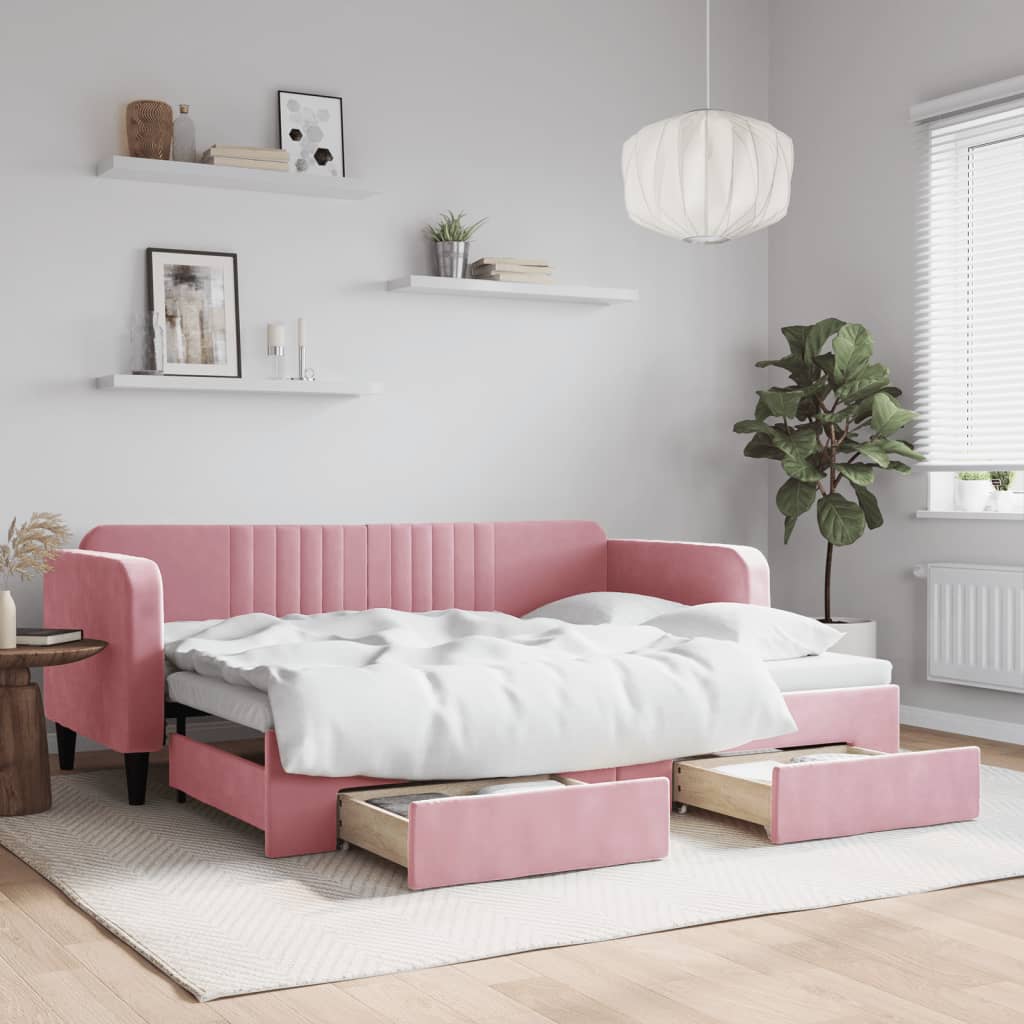 daybed med udtræk og skuffer 80x200 cm velour lyserød