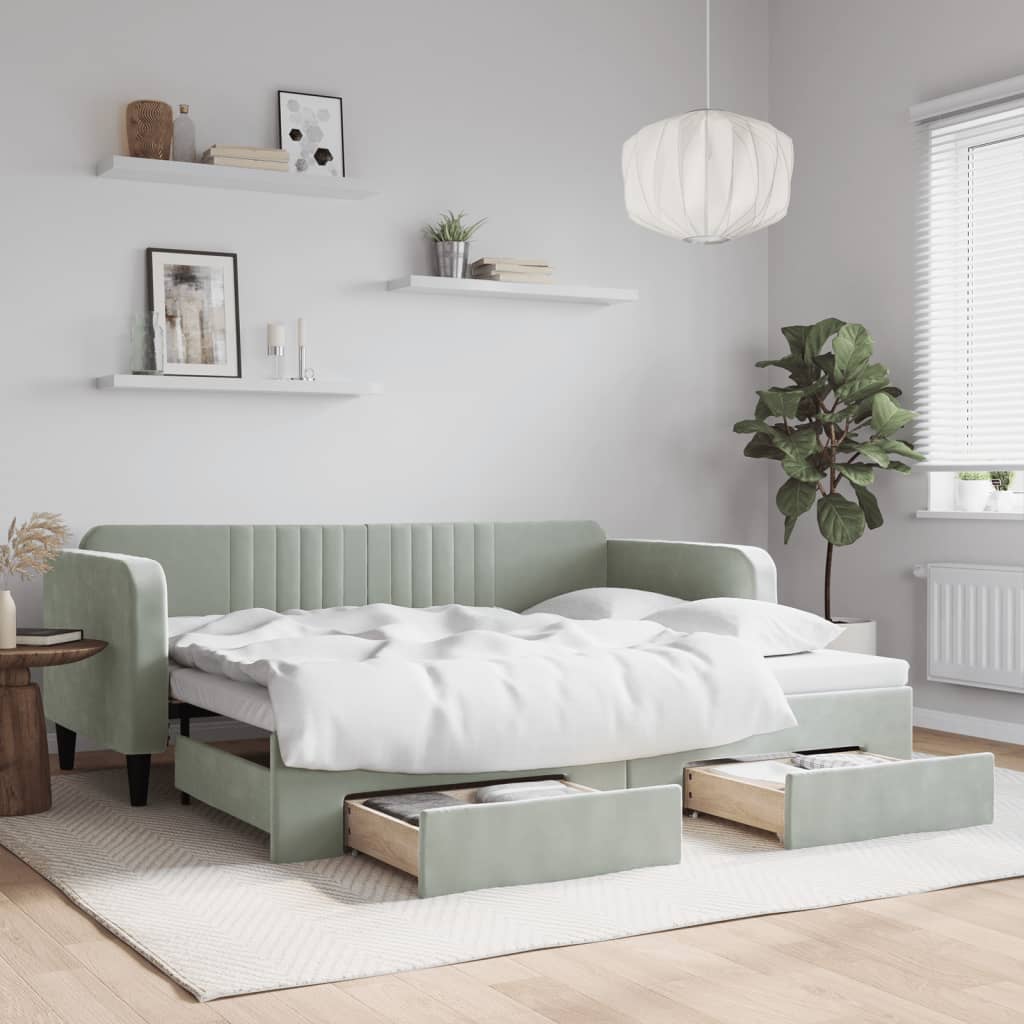 daybed med udtræk og skuffer 90x200 cm velour lysegrå