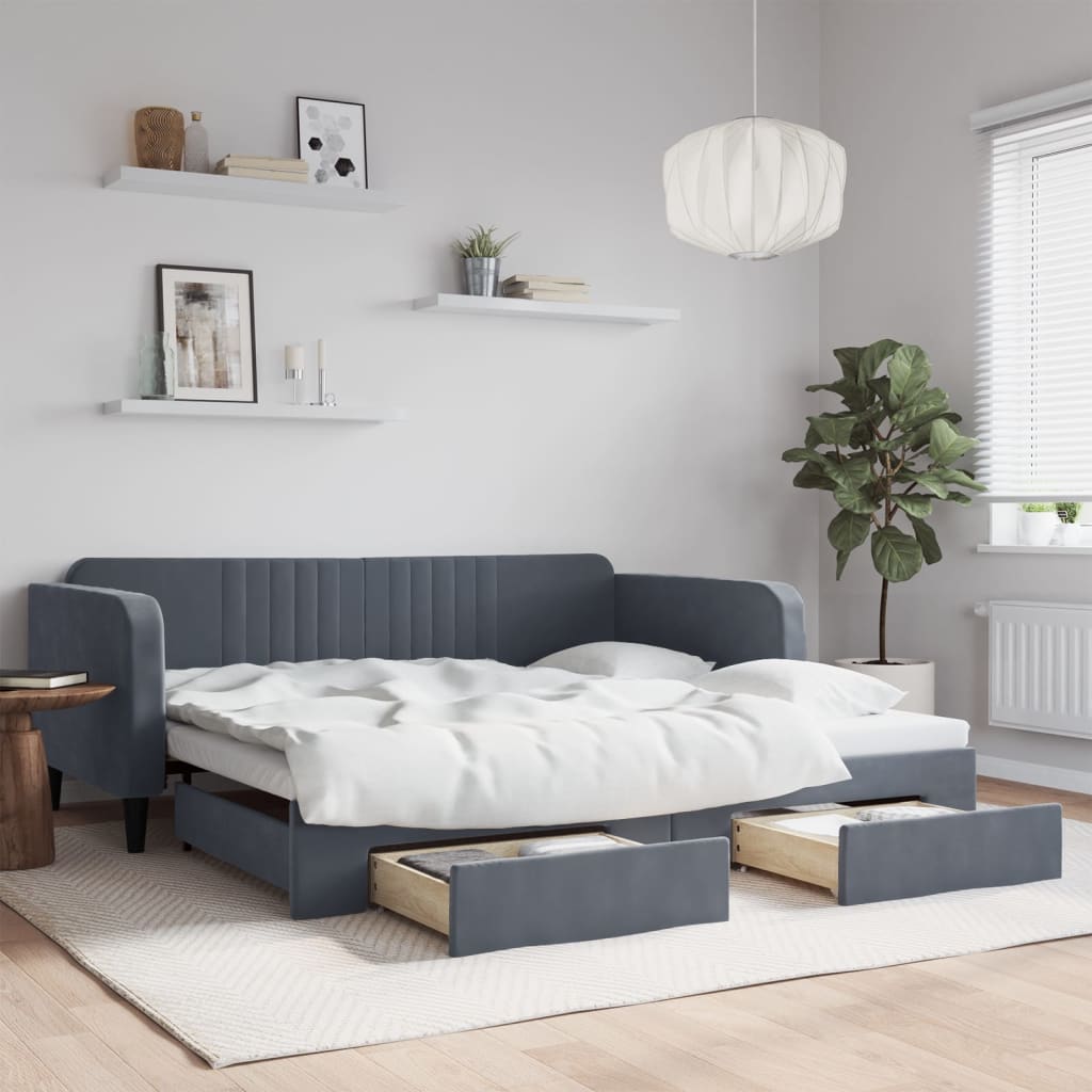 daybed med udtræk og skuffer 100x200 cm velour mørkegrå
