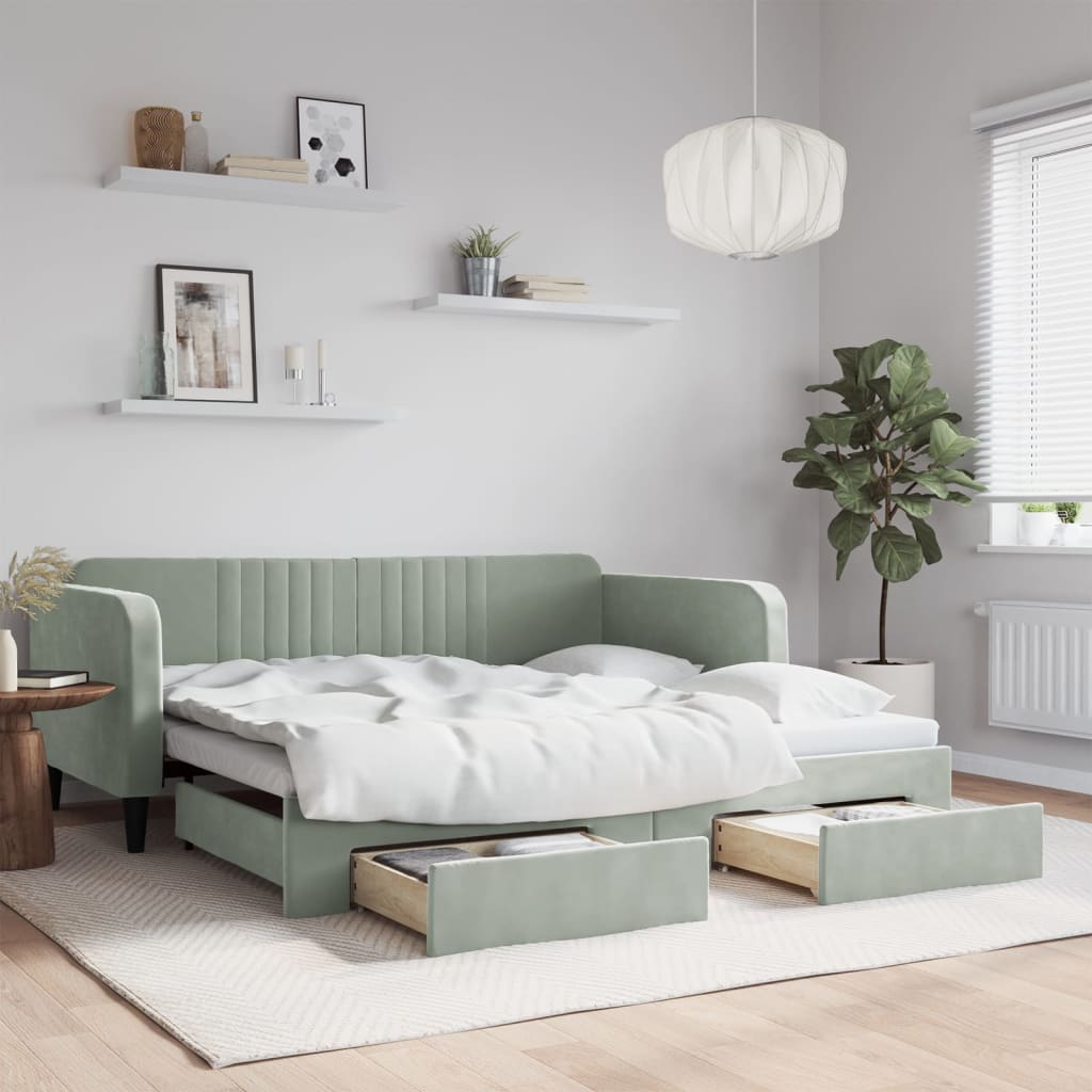 daybed med udtræk og skuffer 90x190 cm velour lysegrå