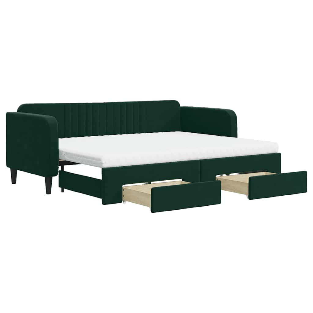 daybed med udtræk og skuffer 80x200 cm velour mørkegrøn