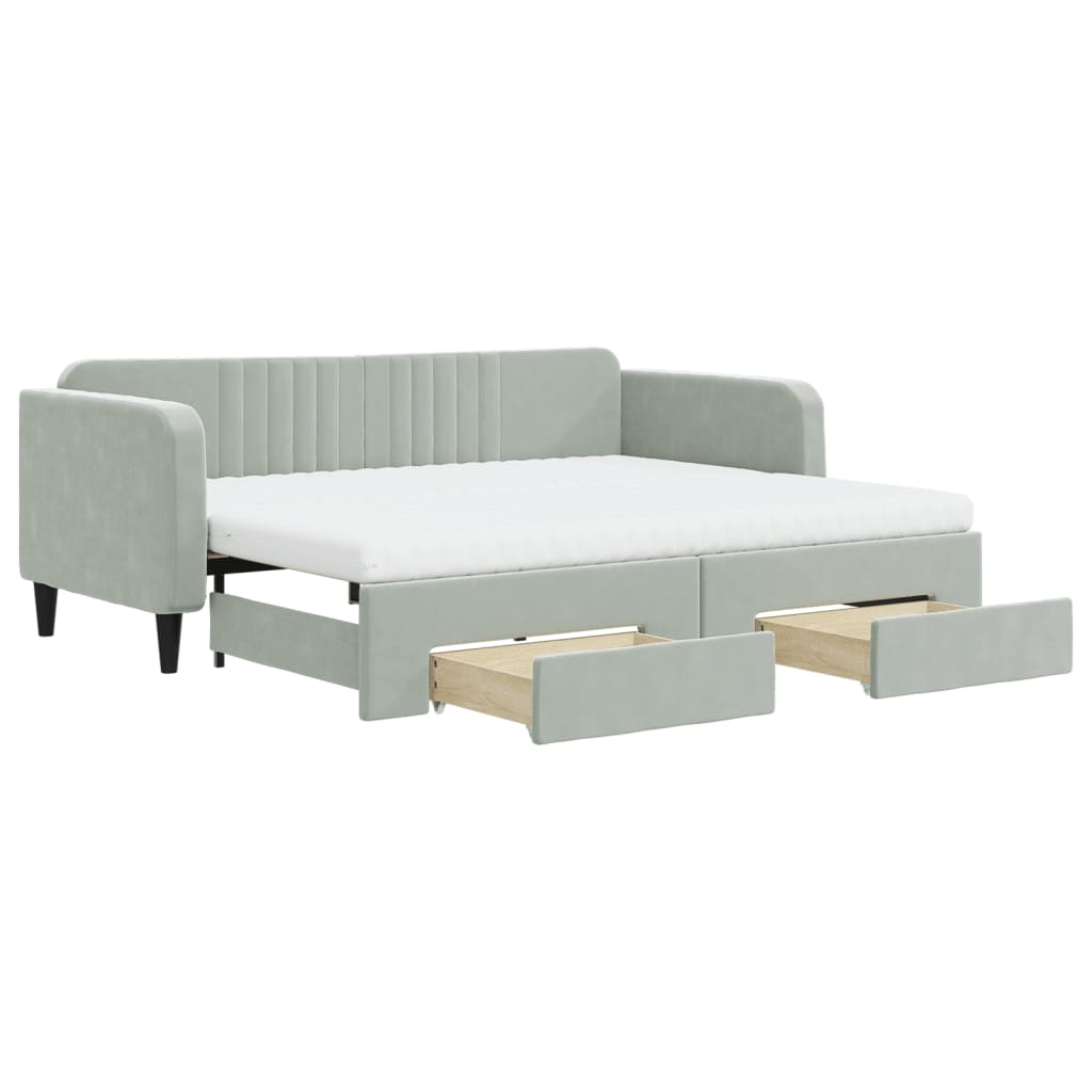daybed med udtræk og skuffer 90x200 cm velour lysegrå