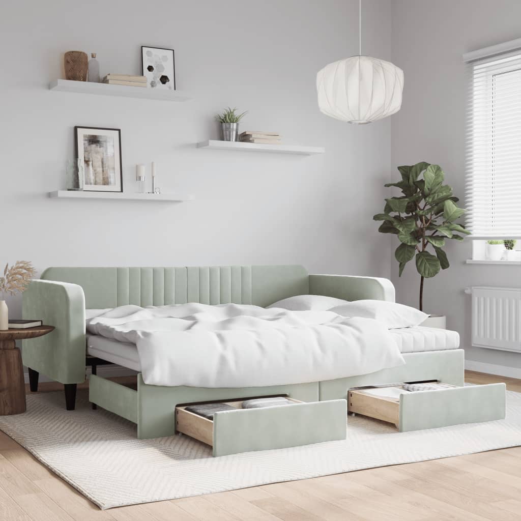 daybed med udtræk og skuffer 90x200 cm velour lysegrå