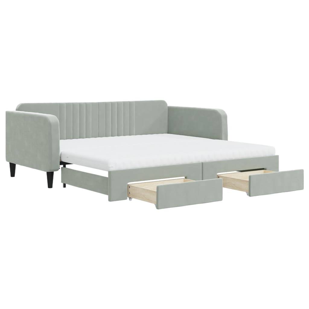 daybed med udtræk og skuffer 100x200 cm velour lysegrå