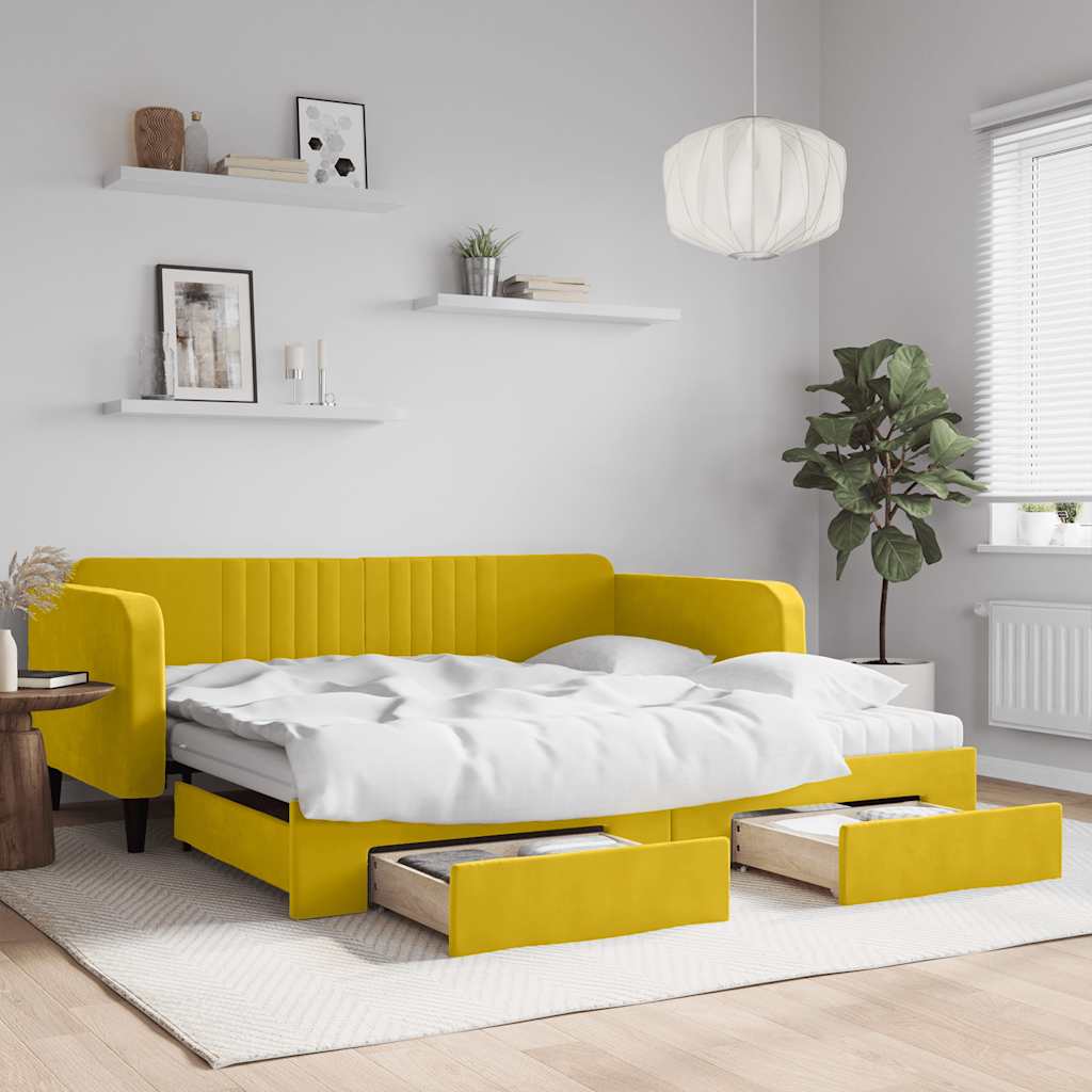 daybed med udtræk og skuffer 100x200 cm velour gul