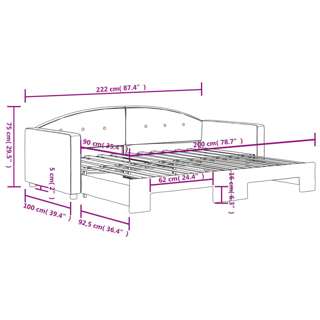 daybed med udtræk 90x200 cm velour lyserød