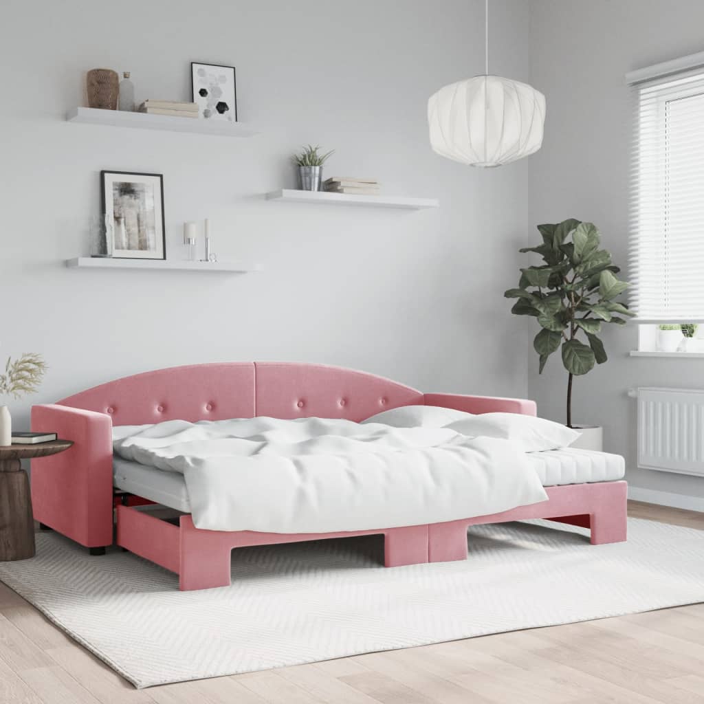 daybed med udtræk og madras 80x200 cm velour lyserød