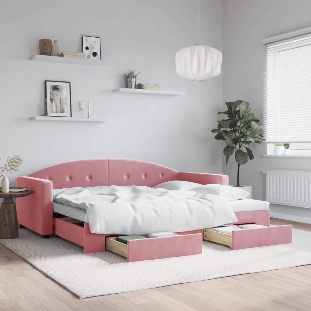 daybed med udtræk og skuffer 90x200 cm velour lyserød