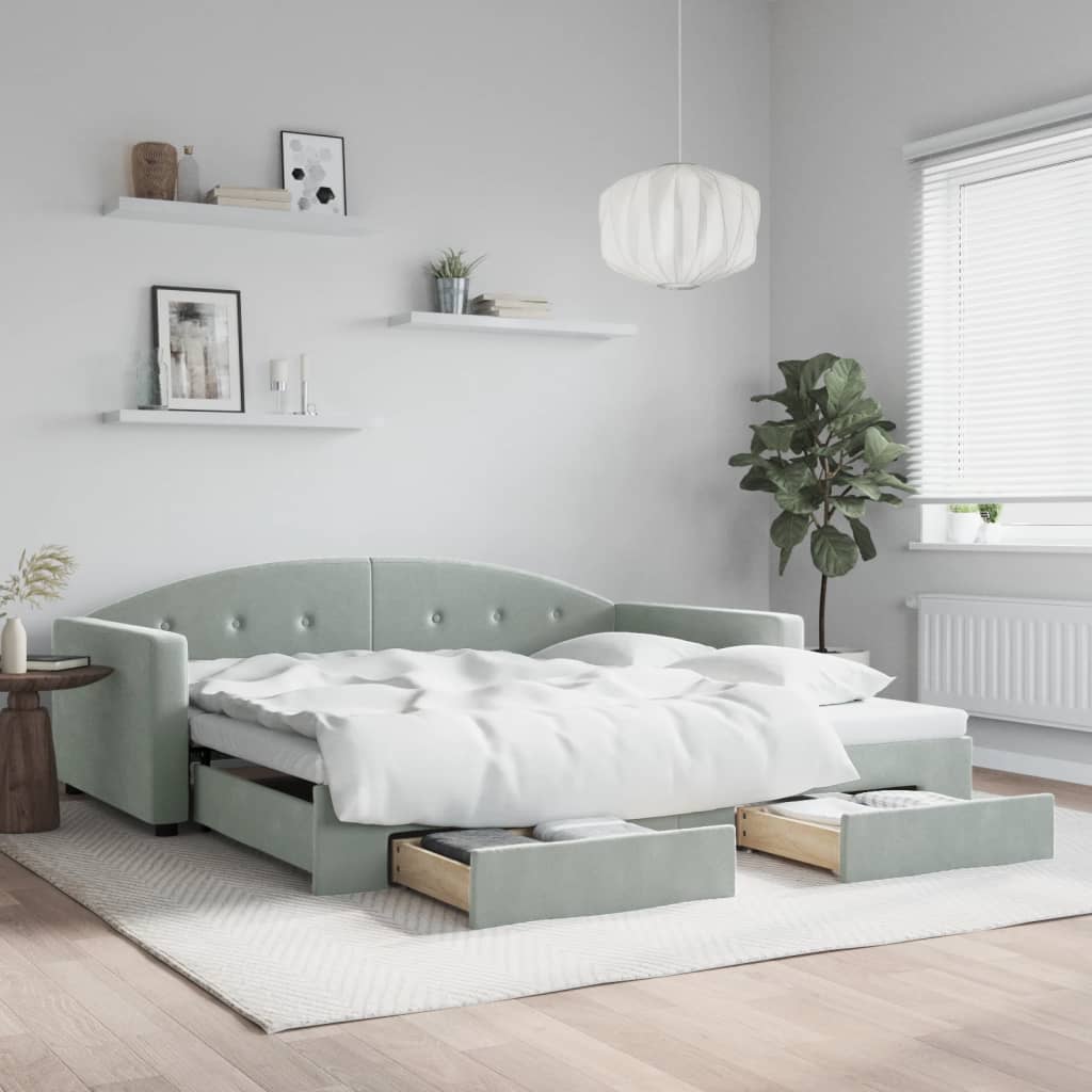 daybed med udtræk og skuffer 100x200 cm velour lysegrå