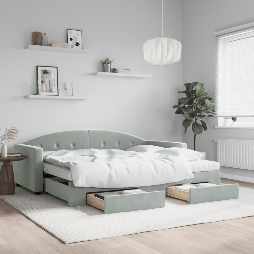 daybed med udtræk og skuffer 90x200 cm velour lysegrå