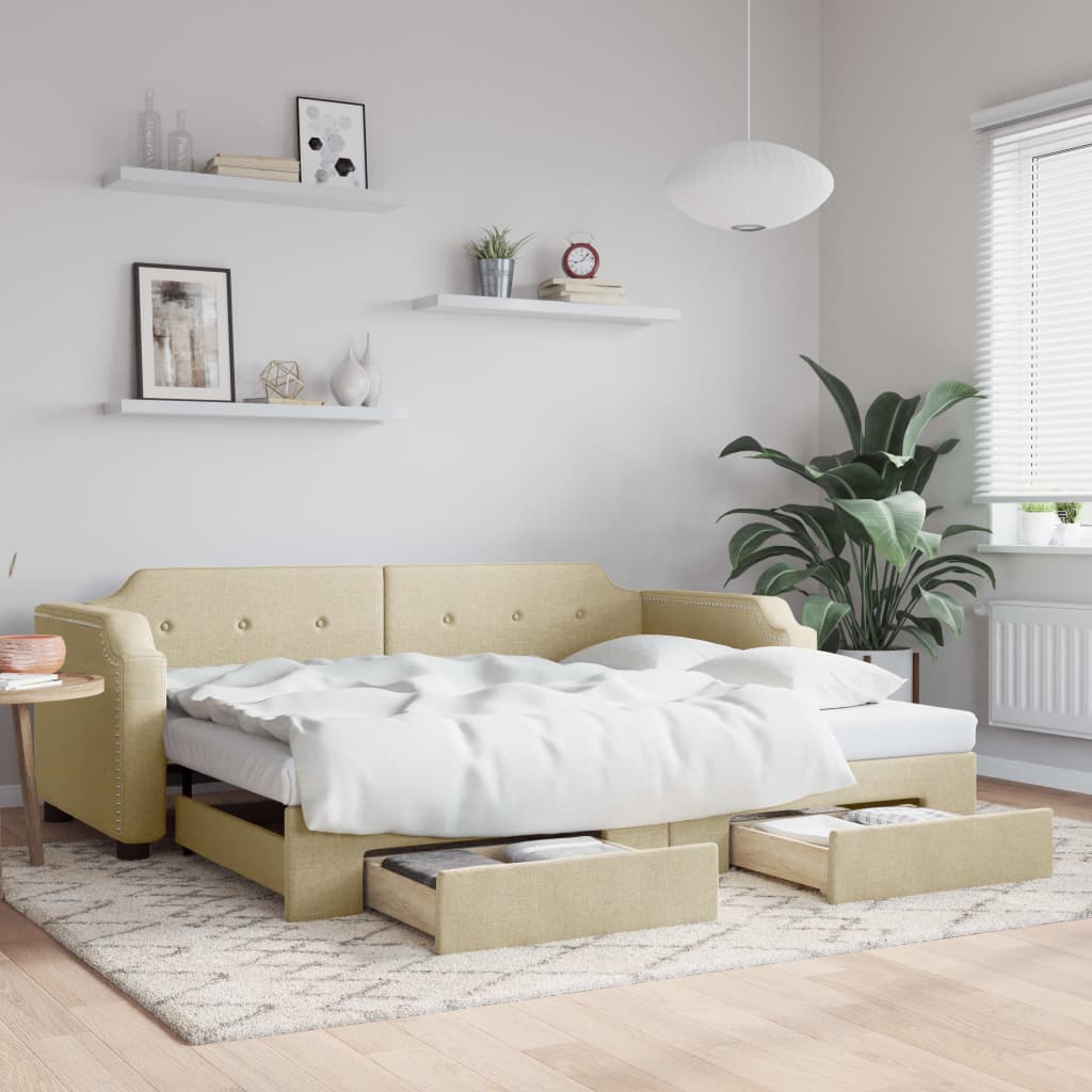 daybed med udtræk og skuffer 80x200 cm stof cremefarvet