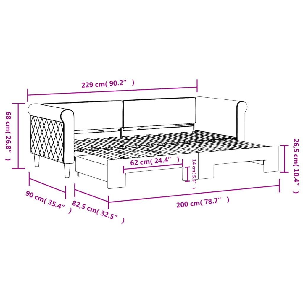 daybed med udtræk 80x200 cm velour lysegrå