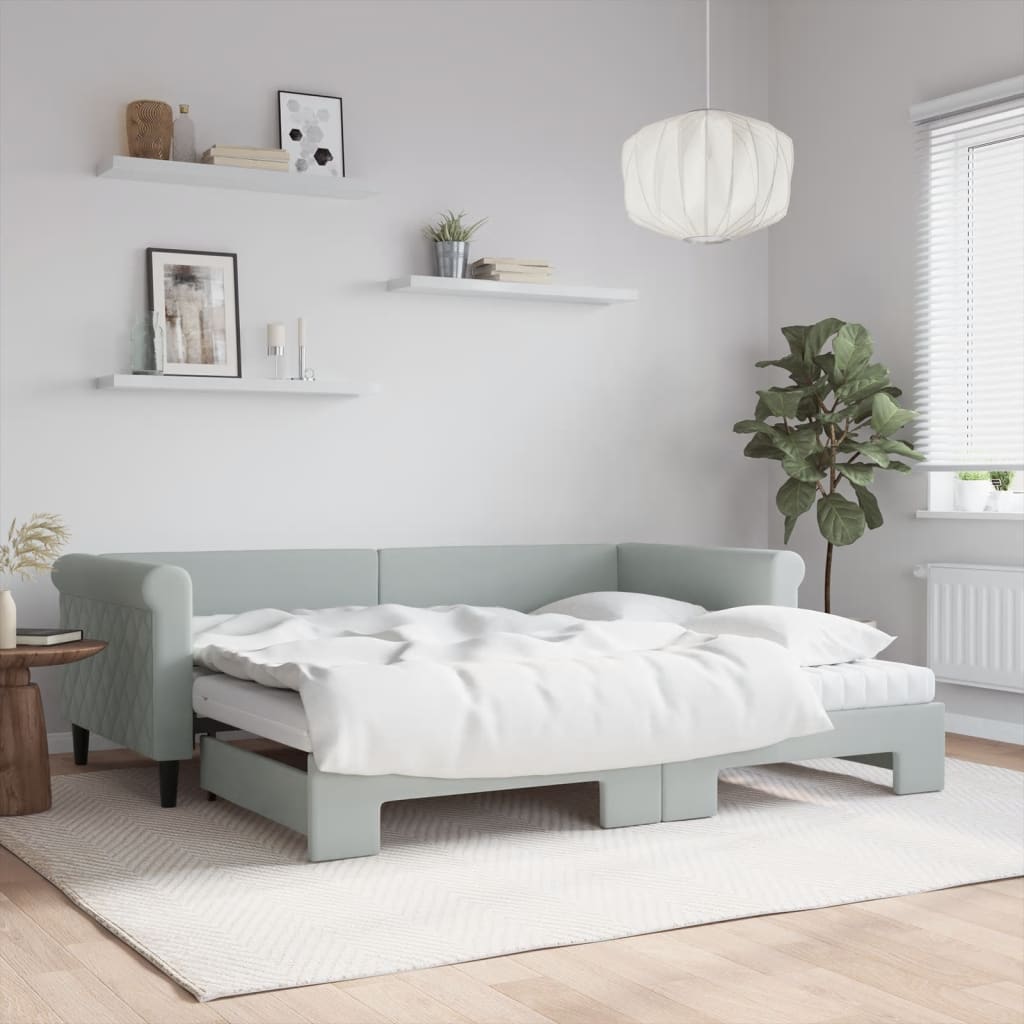 daybed med udtræk og madras 90x200 cm velour lysegrå