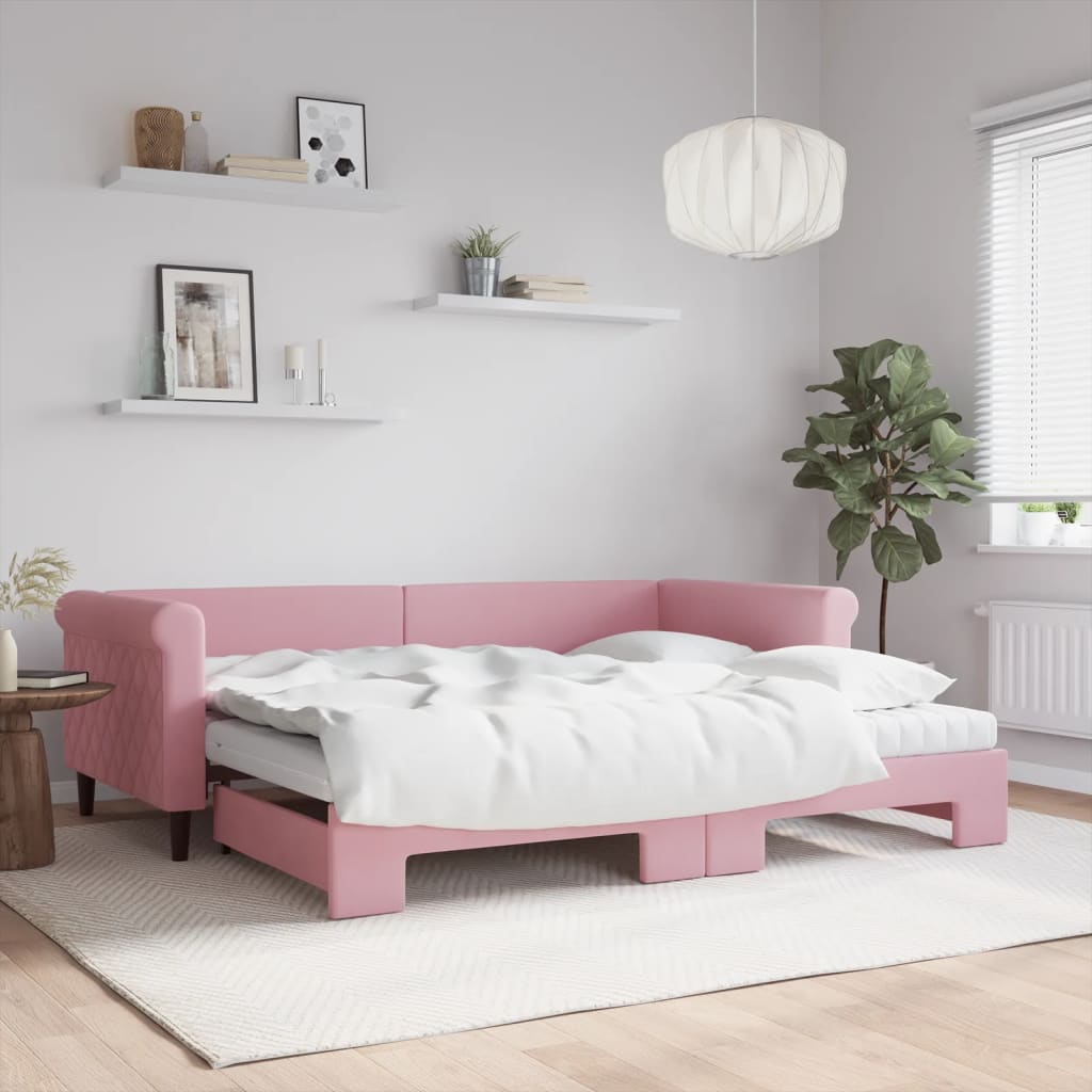 daybed med udtræk og madras 90x200 cm velour lyserød