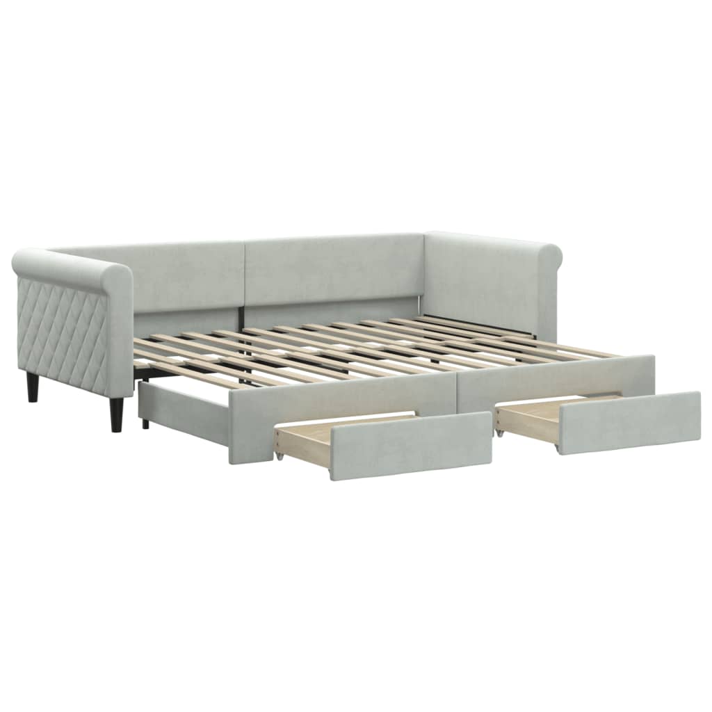 daybed med udtræk og skuffer 90x200 cm velour lysegrå