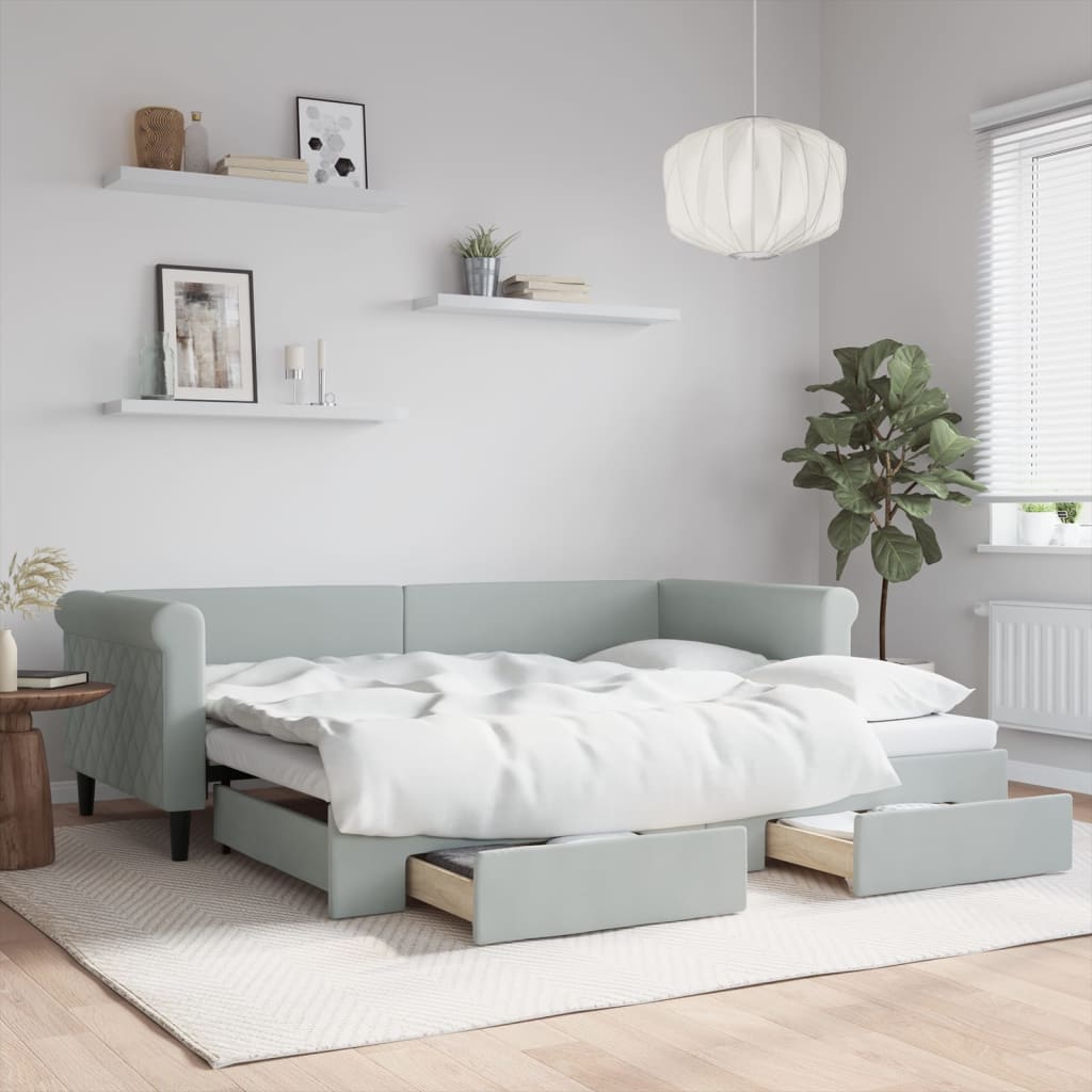 daybed med udtræk og skuffer 90x200 cm velour lysegrå