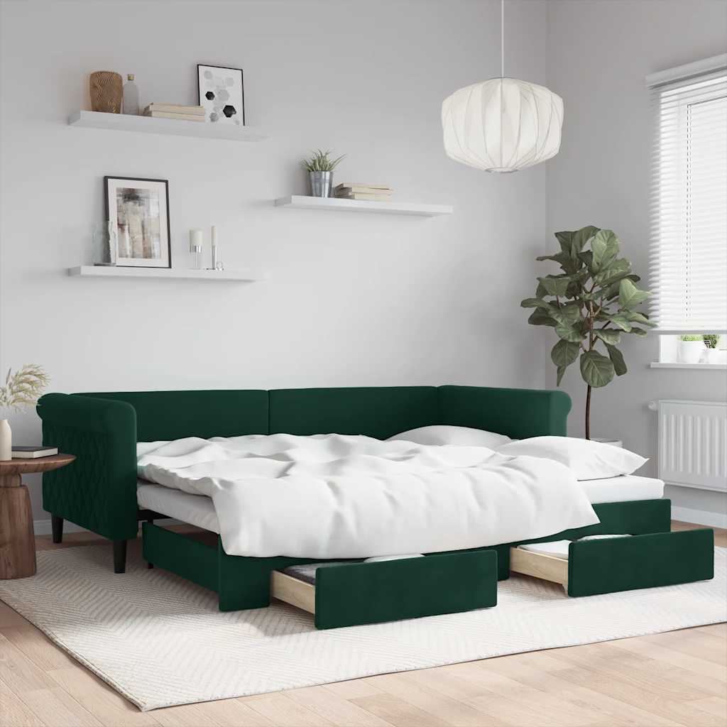 daybed med udtræk og skuffer 90x200 cm velour mørkegrøn