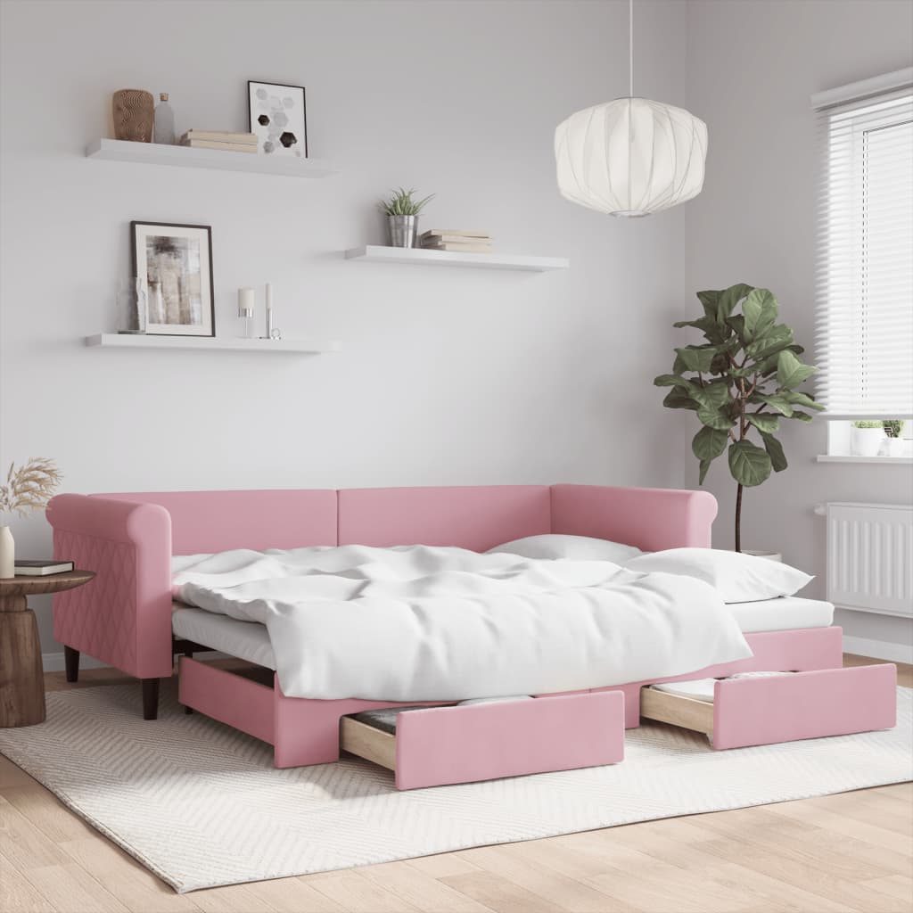 daybed med udtræk og skuffer 90x200 cm velour lyserød