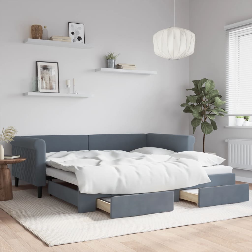 daybed med udtræk og skuffer 100x200 cm velour mørkegrå