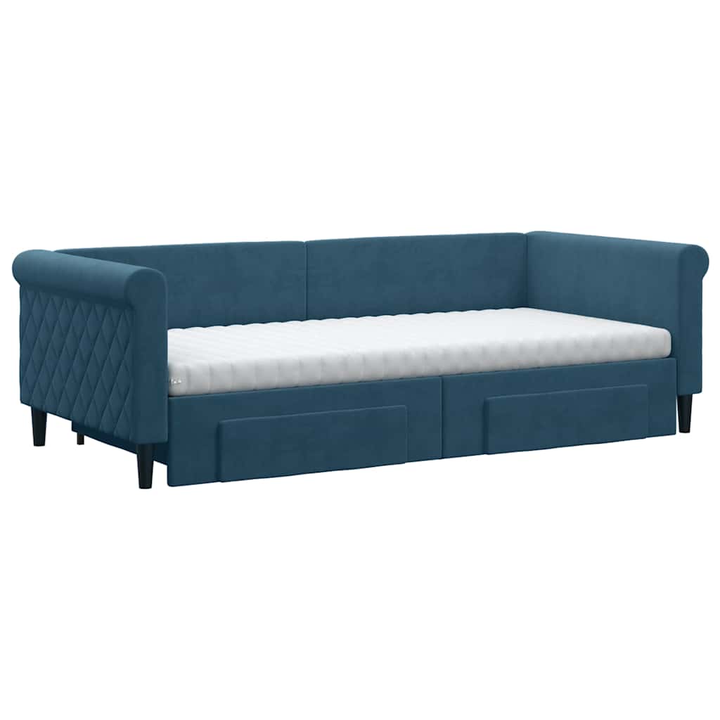 daybed med udtræk og skuffer 90x200 cm velour blå