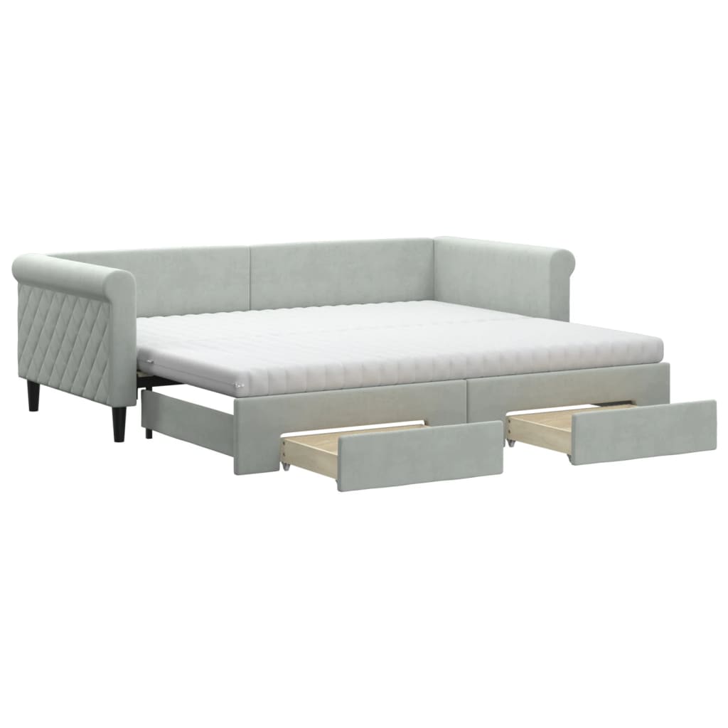 daybed med udtræk og skuffer 90x200 cm velour lysegrå