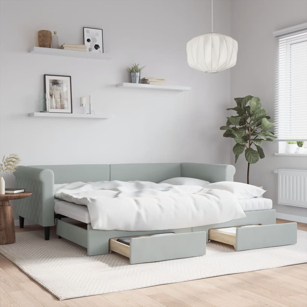 daybed med udtræk og skuffer 90x200 cm velour lysegrå