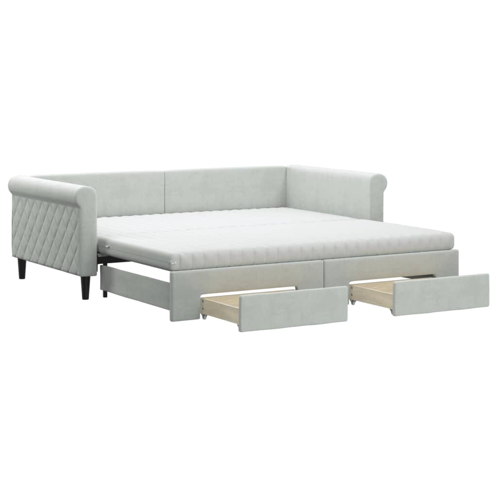 daybed med udtræk og skuffer 100x200 cm velour lysegrå
