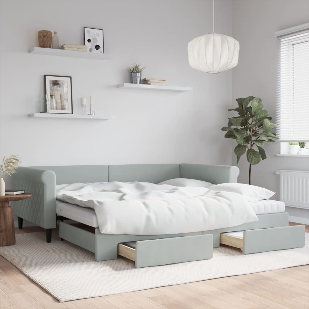 daybed med udtræk og skuffer 100x200 cm velour lysegrå